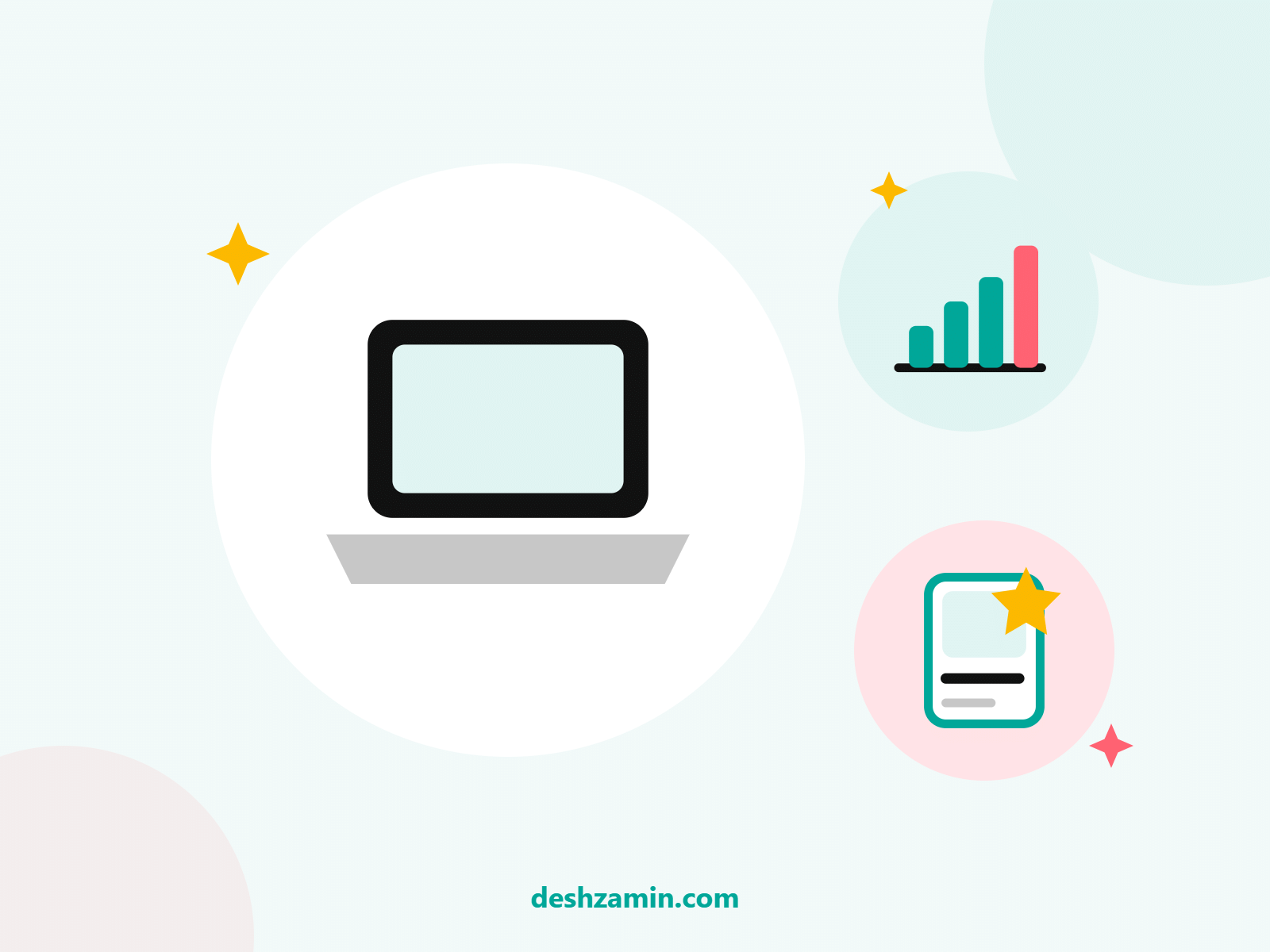 Laptop with a rising bar chart and a featured product card, illustrating tracking advertising results