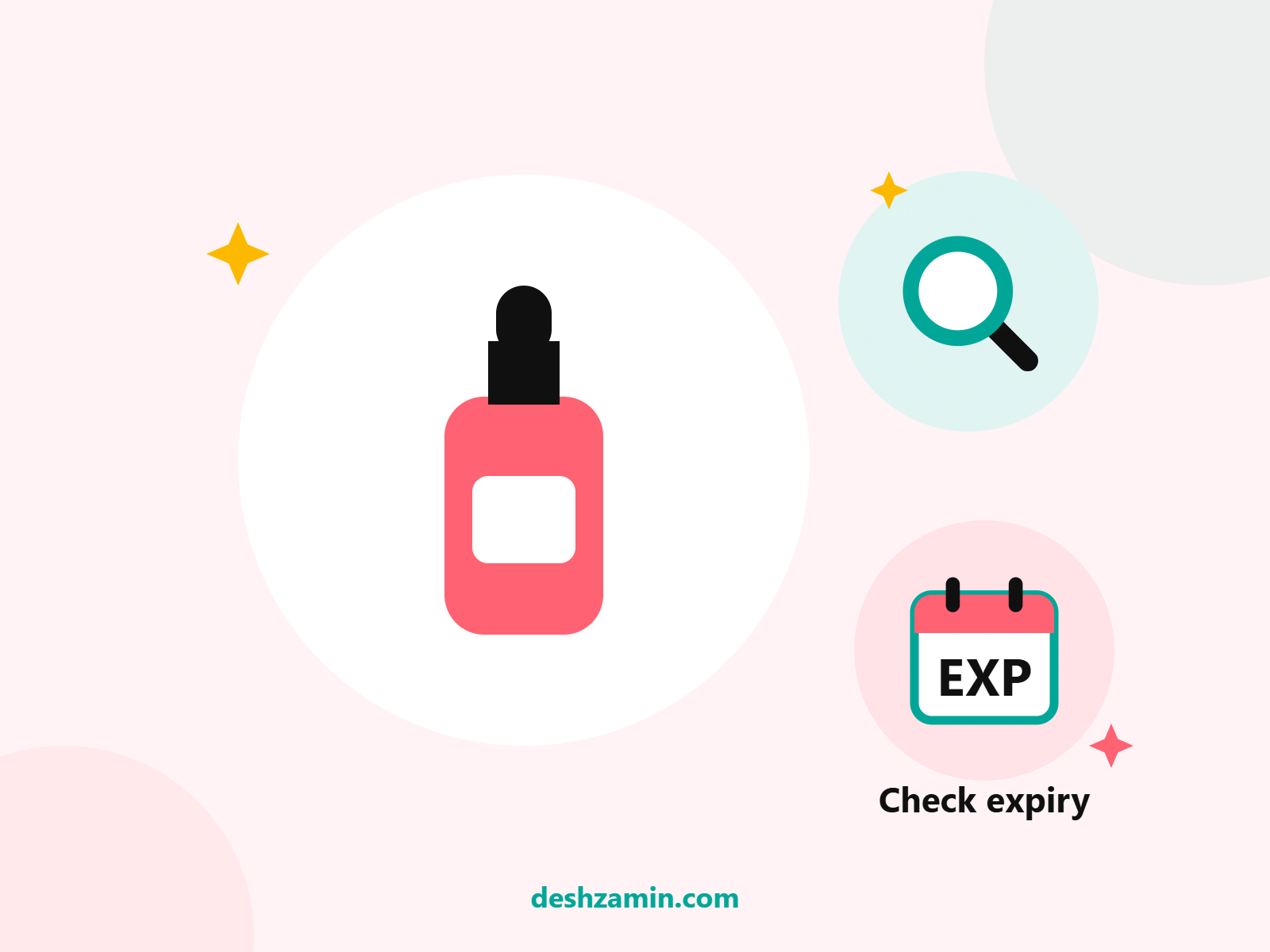 Skincare bottle with a magnifying glass and a calendar, illustrating checking ingredients and expiry dates on cosmetics