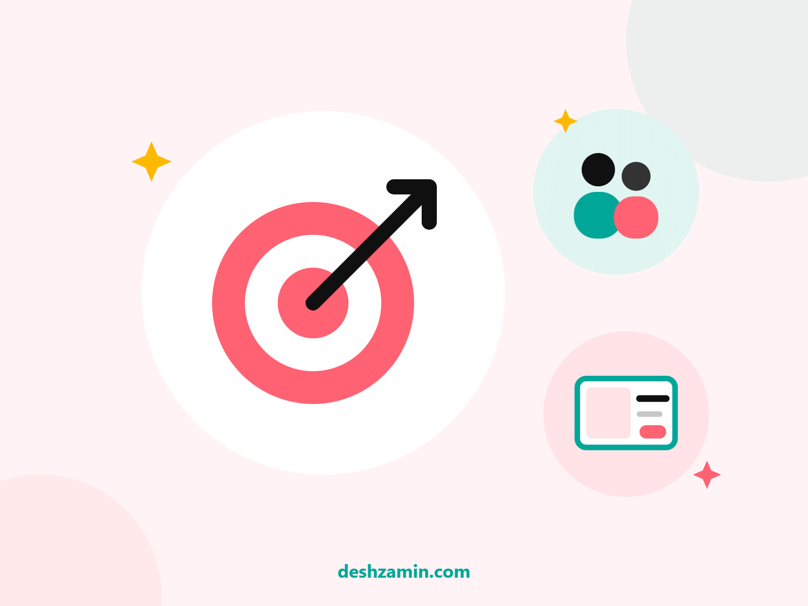Target with an arrow, a group of shoppers and an ad banner, illustrating reaching the right shoppers with Desh Zamin ads