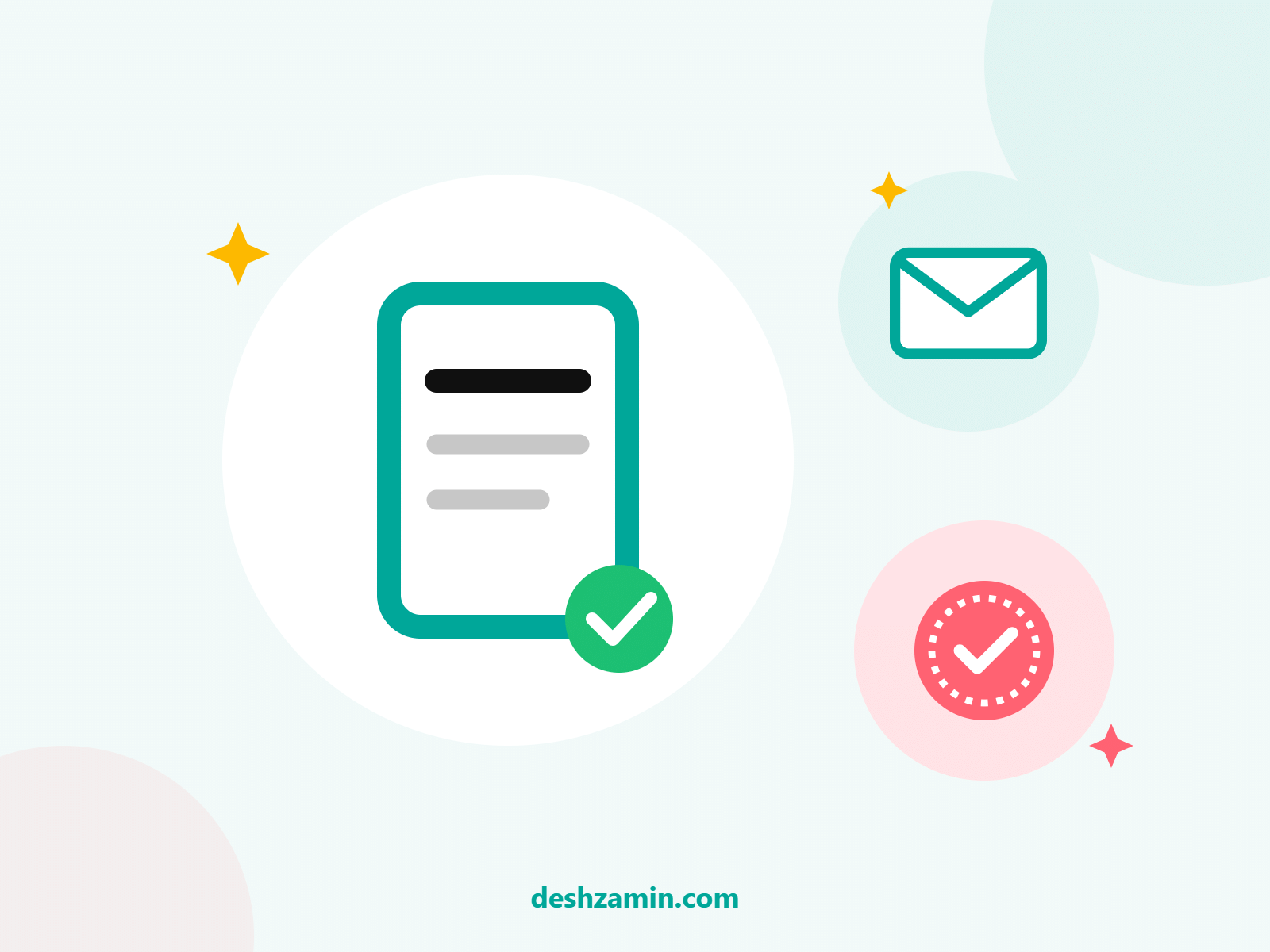 CV document with a green check mark, an envelope and a seal, illustrating applying for a job at Desh Zamin